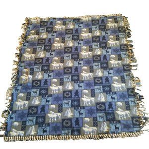 Cabin Decor Throw Felt 52x60 Blue Gray Moose Bear Trees Fringe Couch Bed Woods